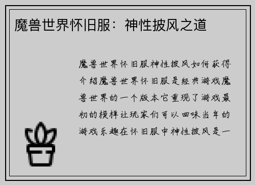 魔兽世界怀旧服：神性披风之道